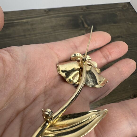 4 Vintage Gold Tone Flower Leaf Brooch Pins Metal Faux Pearls Rhinestone Estate - Picture 14 of 14